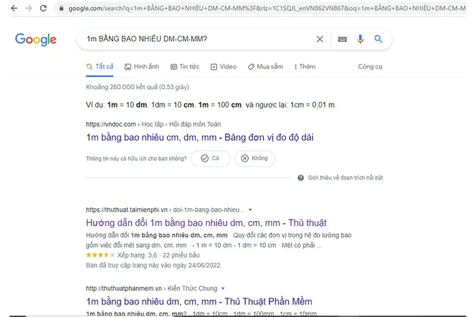 Quy đổi mét bằng google