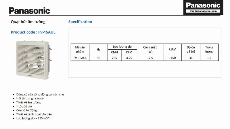 Thông số kỹ thuật quạt Panasonic FV-15AUL