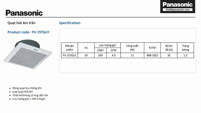 Thông số kỹ thuật quạt Panasonic FV-15TGU1