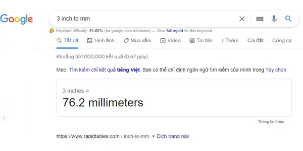 Cách đổi inch sang cm, m, mm bằng Google