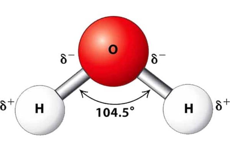 Hình ảnh minh họa cấu tạo phân tử nước H2O với hai nguyên tử hydro và một nguyên tử oxy